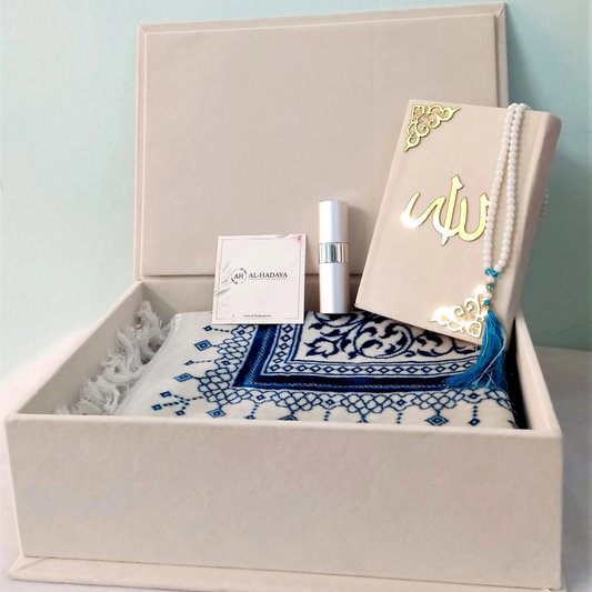Luxury velvet Quran gift set with pearl-white box, rainbow Quran, Turkish prayer mat, pearl tasbih, and halal oud attar – perfect Islamic wedding and Eid gift.