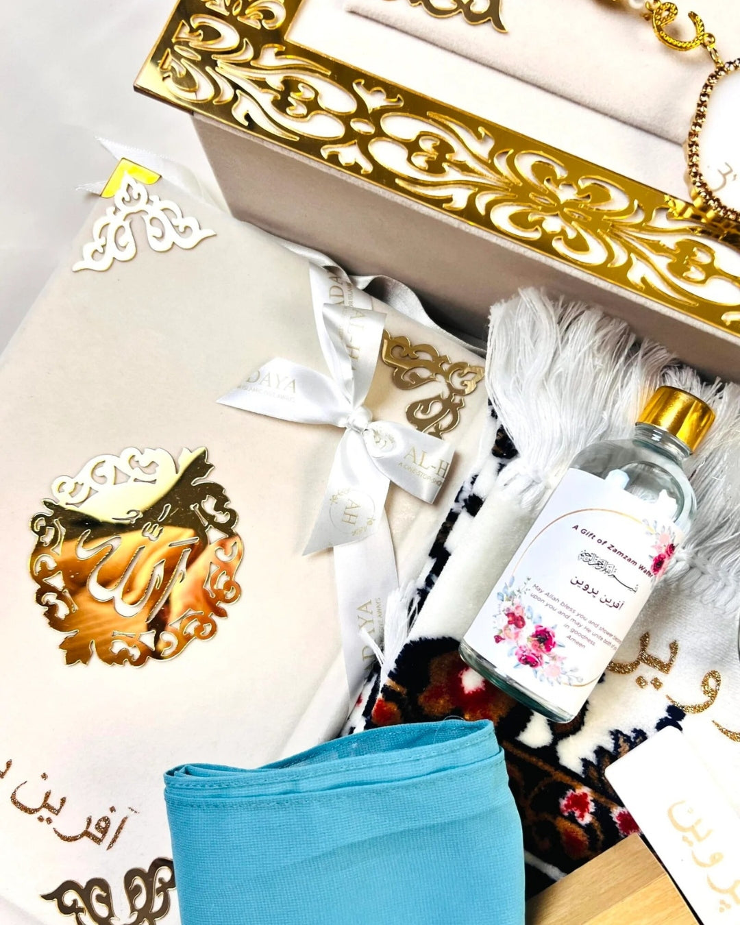 Personalized Velvet Quran Hamper with Tasbih, Turkish Prayer Mat, zam zam & Attar