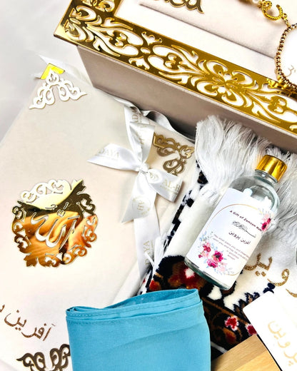 Personalized Velvet Quran Hamper with Tasbih, Turkish Prayer Mat, zam zam & Attar