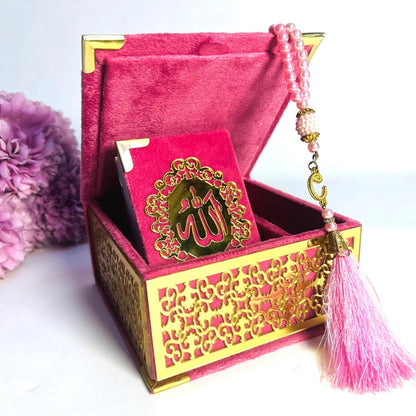 Personalized pink velvet Quran box with 99 beads tasbih for Eid or wedding gift.