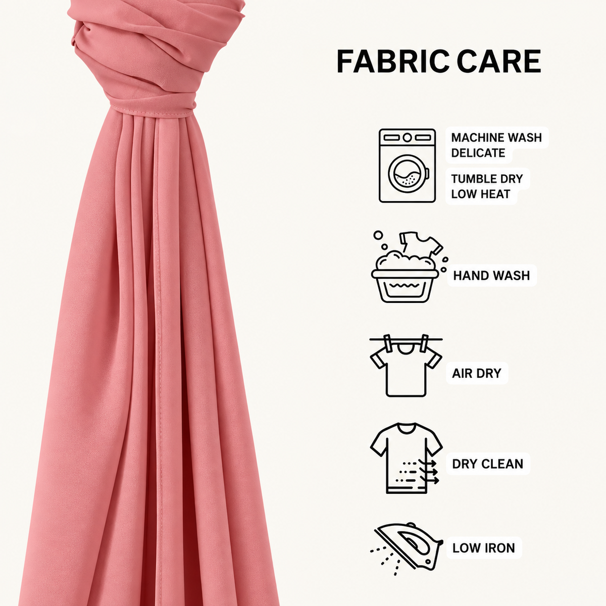 A pink fabric drape shown next to a 'FABRIC CARE' infographic with icons and text for machine wash, hand wash, air dry, dry clean, and low iron care instructions.