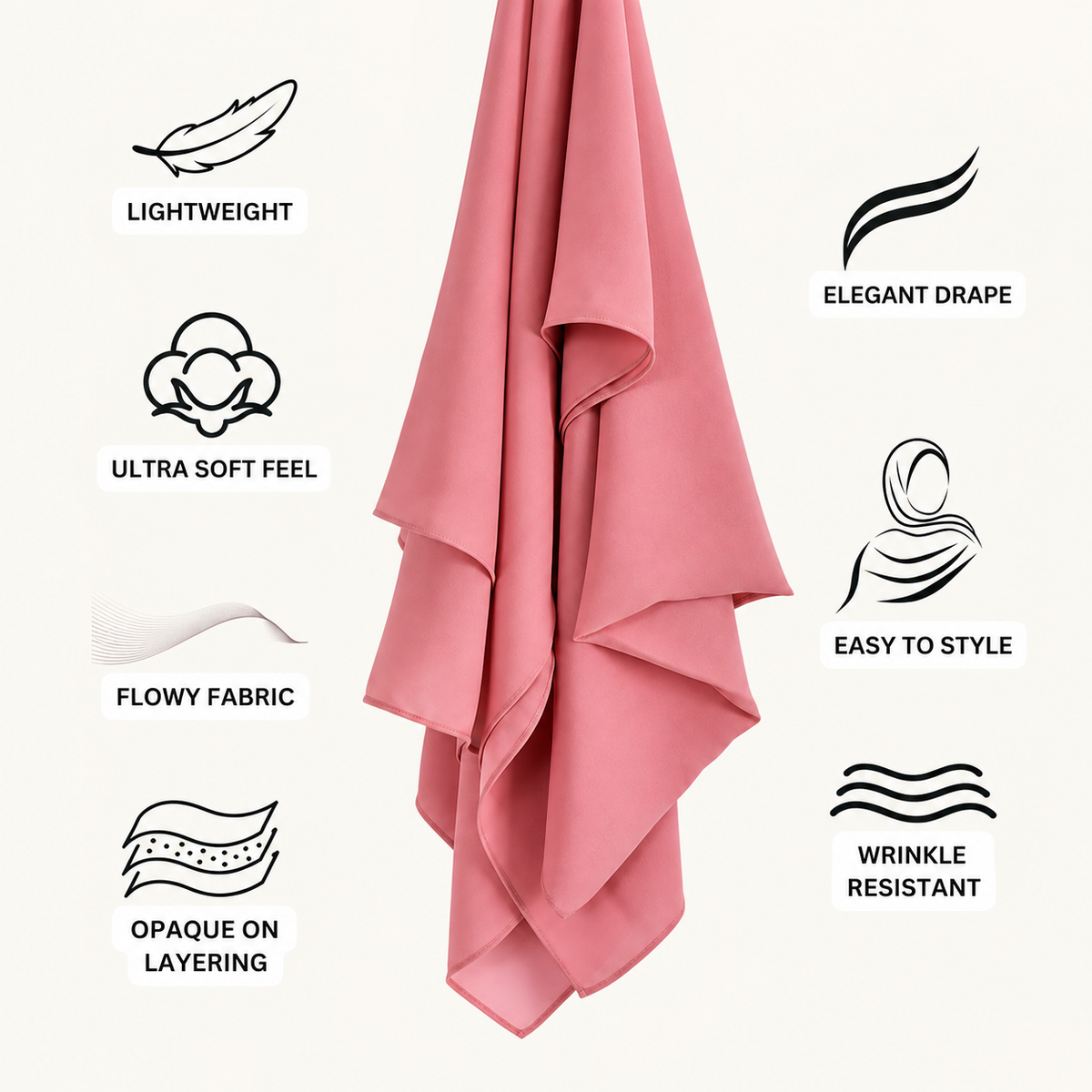 A dusty pink lightweight scarf or hijab is shown hanging against a light cream background with black feature icons and text labels highlighting its qualities: lightweight, elegant drape, ultra soft feel, flowy fabric, easy to style, opaque on layering, and wrinkle resistant.