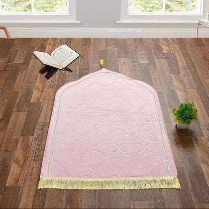 Pink velvet thick prayer mat with dome pattern and gold lace border, soft and elegant design.