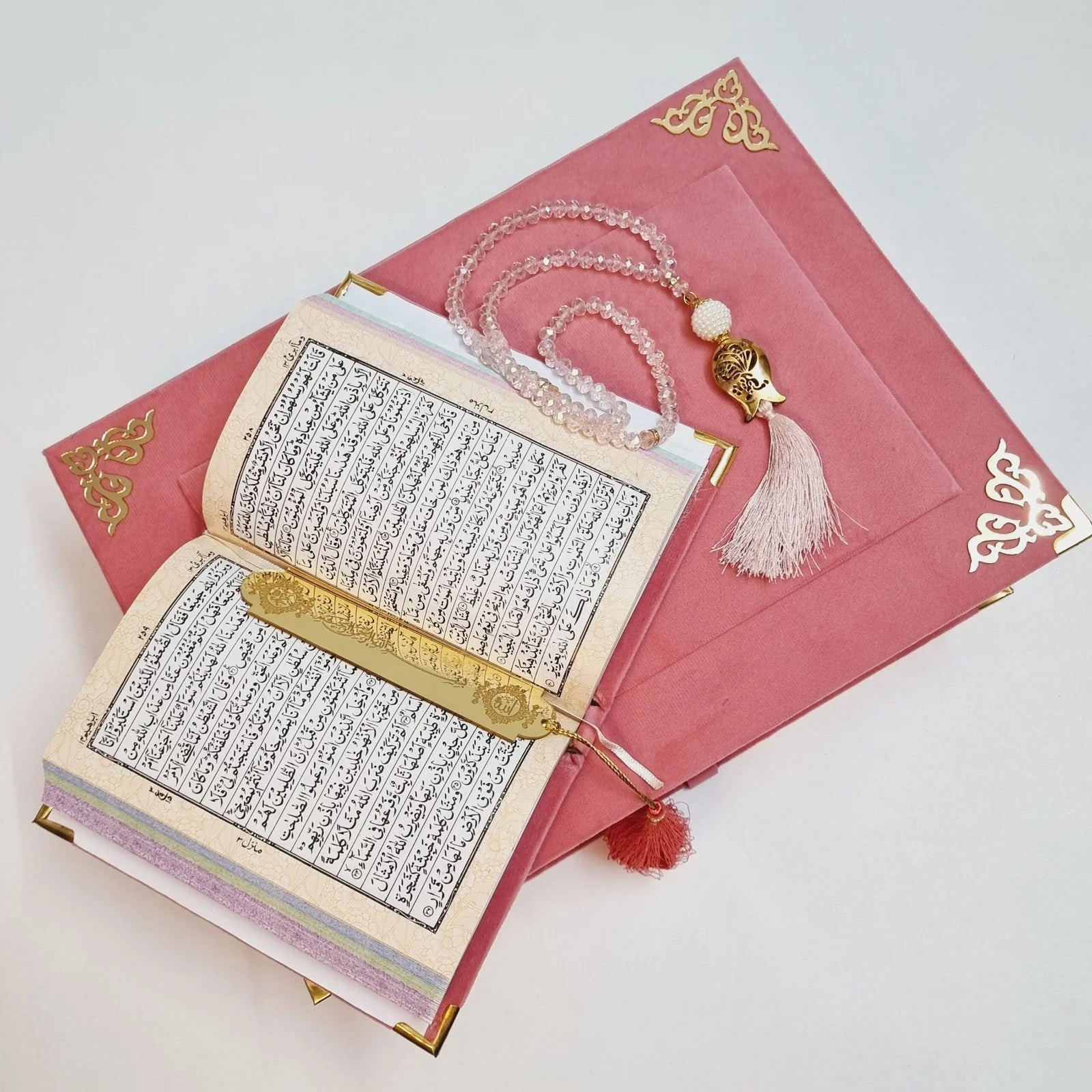 Nikah or Eid gift set for women — pastel pink velvet Quran, prayer mat, and accessories