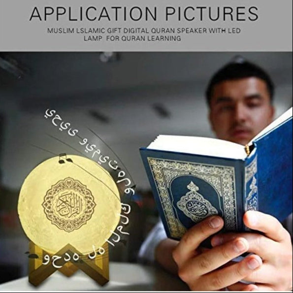 Portable Quran Moon Light with soft 7-color glow and Bluetooth speaker functionality.