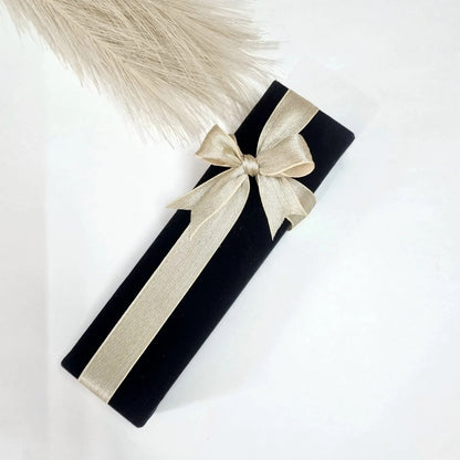 Luxurious black tasbih and bookmark set in velvet box, ideal Islamic favor for women.