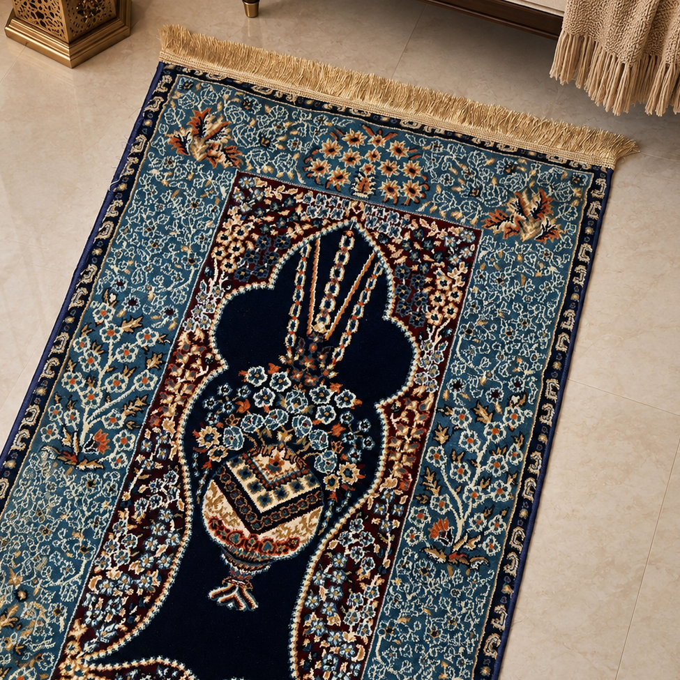 An ornate rectangular area rug with a dark navy central panel, intricate floral and geometric motifs in blue, beige, brown, and gold, and a fringed edge, shown laid out on a light beige floor.