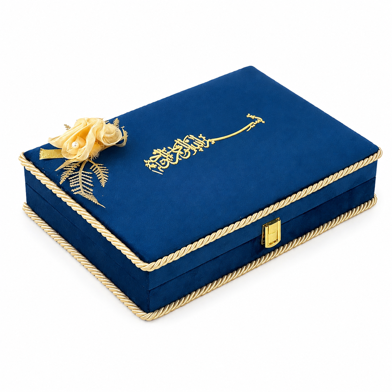 A royal blue velvet jewelry box with gold rope trim, a gold clasp, and a gold rose embellishment on the lid, shown on a white background.