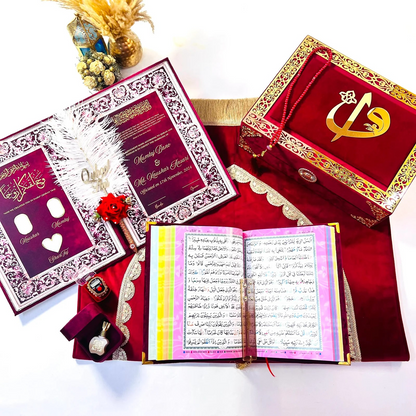 Elegant maroon velvet bridal Quran gift box containing Quran, resin rehal, tasbih and prayer mat, luxury Islamic prayer essentials from Al-Hadaya