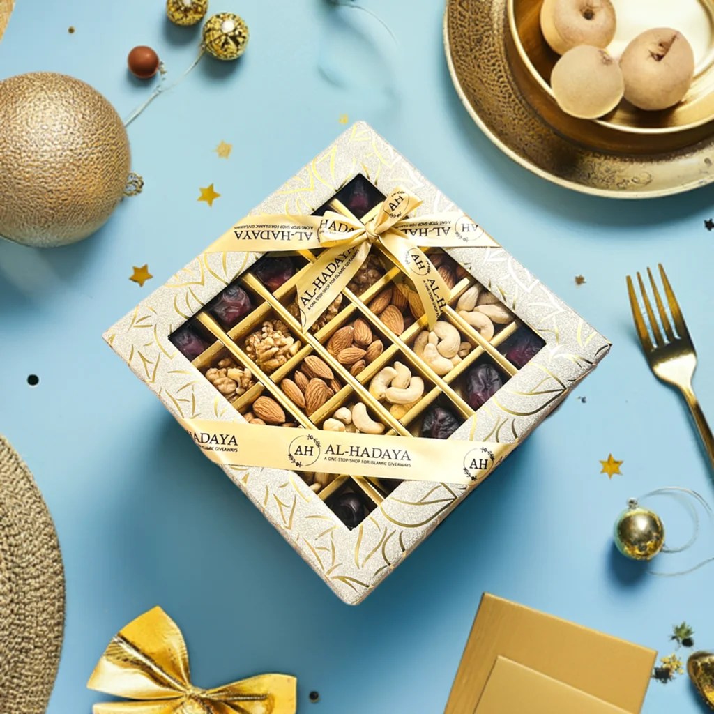 Premium dry fruit gift box with almonds, cashews, dates, and walnuts in elegant packaging