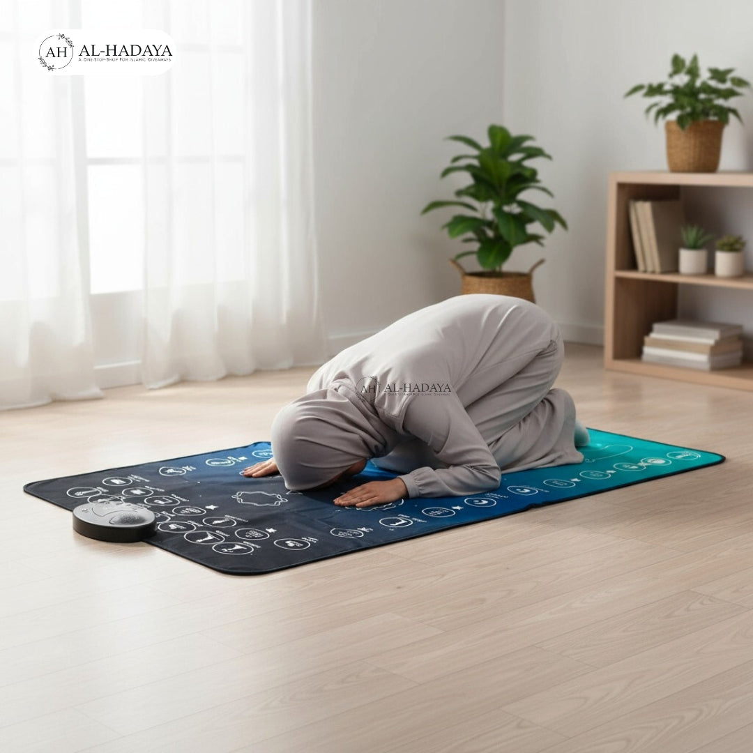 Premium digital prayer mat with touch-sensitive icons glowing, representing guided Salah learning for adults.