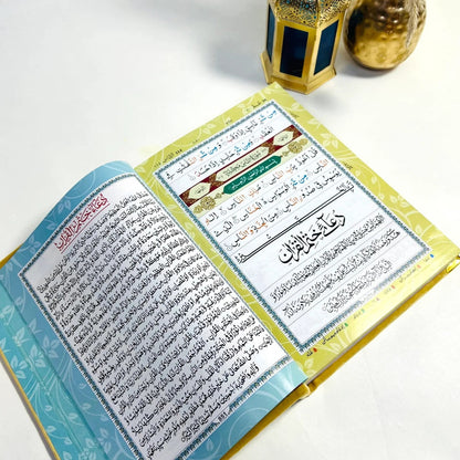 golden Islamic Quran gift set with rehal, tasbih, and bookmark – ideal for spiritual gifting.
