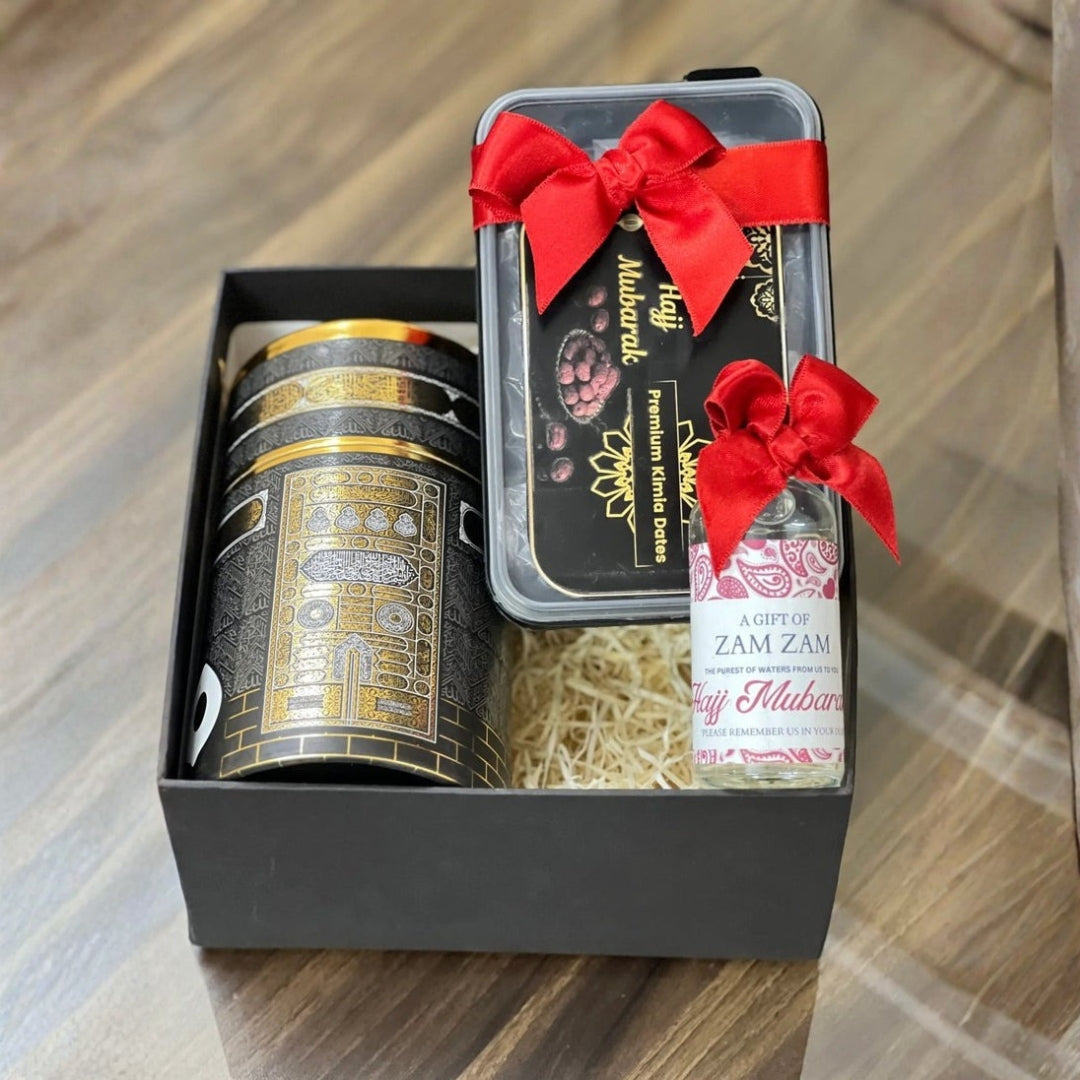 Hajj Mubarak essentials kit including prayer mat and Islamic accessories