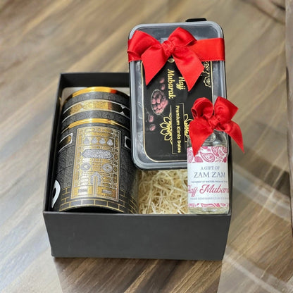 Hajj Mubarak essentials kit including prayer mat and Islamic accessories