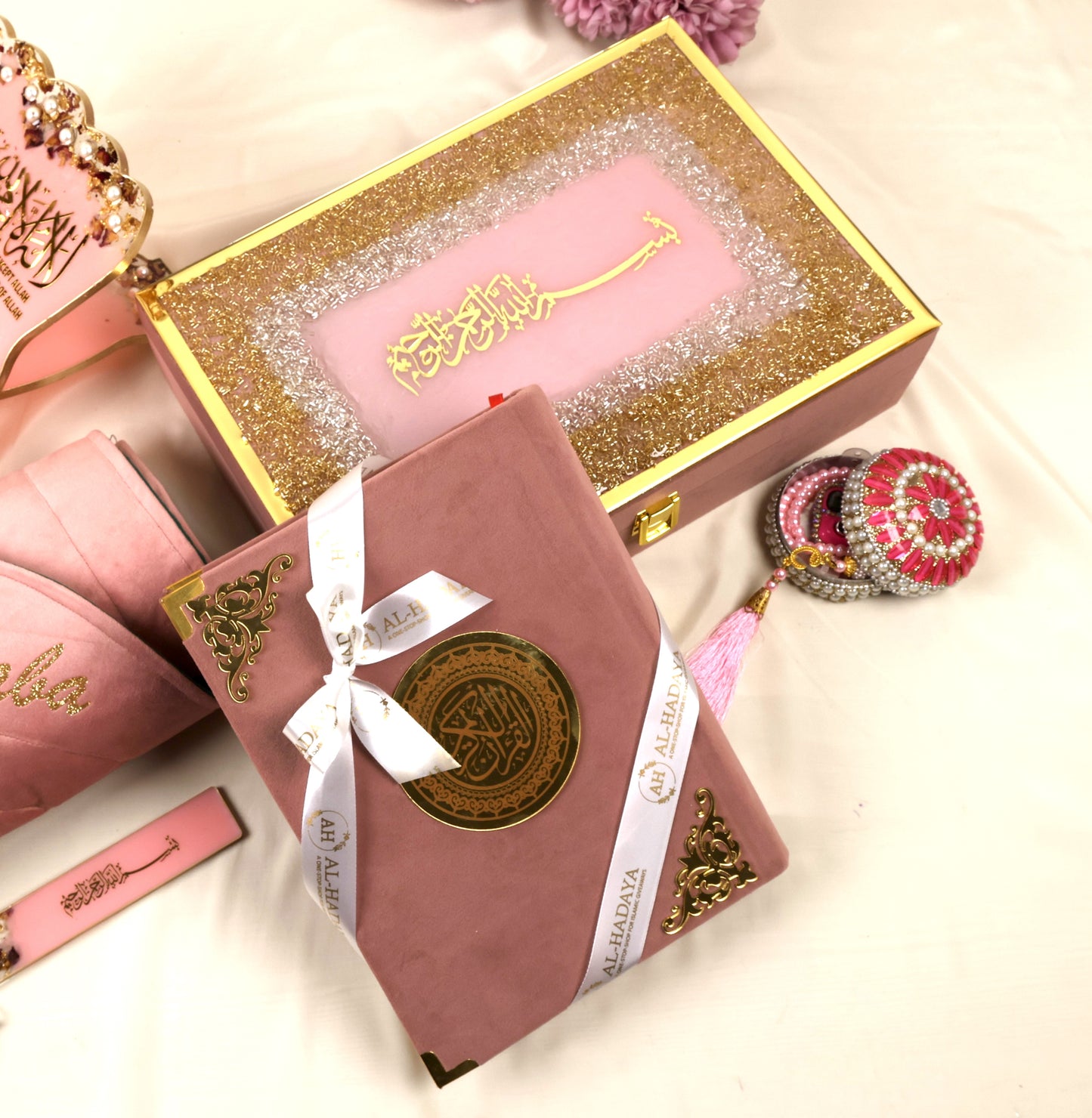 Pastel pink velvet Quran box set with tasbih counter and resin Bismillah bookmark