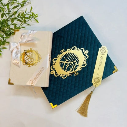 Luxury Islamic gift set featuring velvet Quran, halal perfume, and crystal prayer beads.