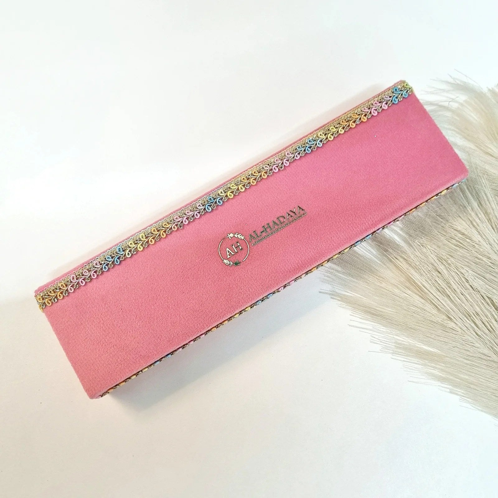 Premium Islamic gift box with crystal tasbih prayer beads and golden Bismillah bookmark.