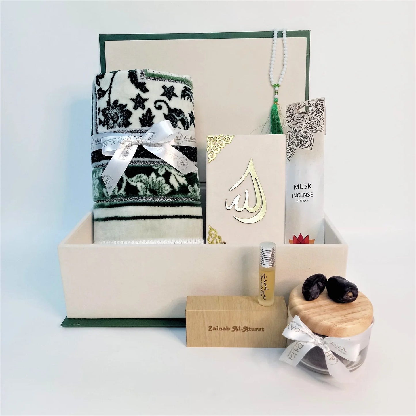 Premium Islamic gift box featuring velvet Quran, tasbih, and Turkish prayer mat
