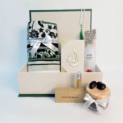 Premium Islamic gift box featuring velvet Quran, tasbih, and Turkish prayer mat