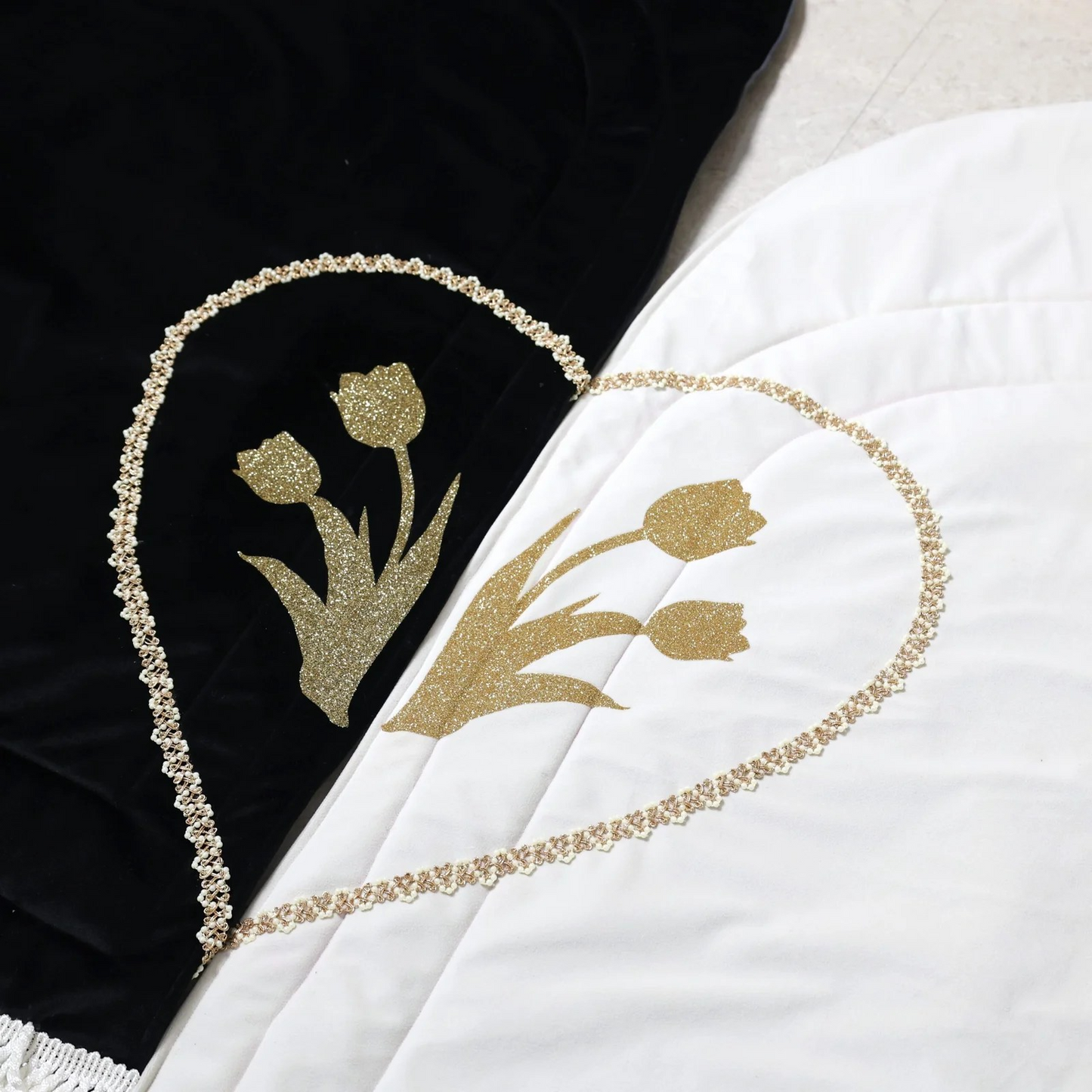 Premium handmade velvet couple prayer rug set with rose design, perfect Nikah gift for Muslim bride and groom.