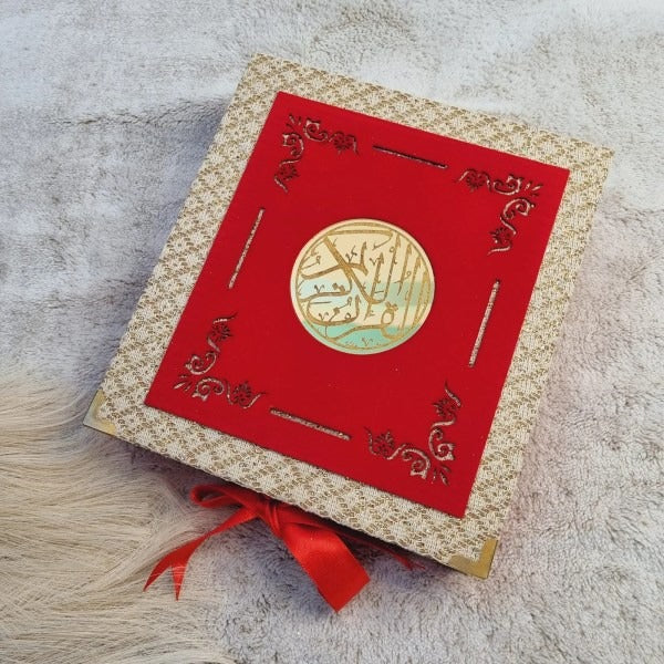 Premium Red Velvet Quran Gift Box with Arabic calligraphy and gold detailing 