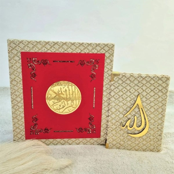 “Glittering velvet Quran set in beige and cherry red with acrylic Bismillah bookmark”