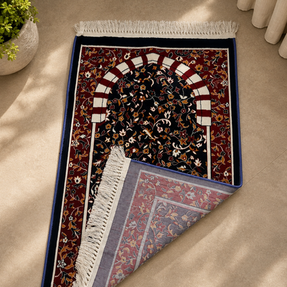 Detailed floral printed texture of premium Turkish prayer mat, Islamic Janamaz