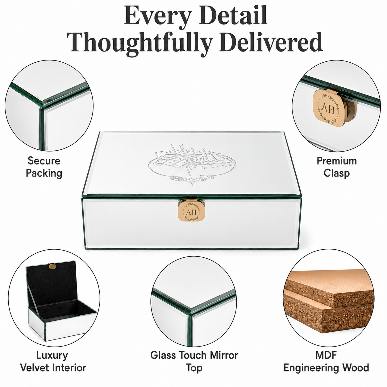 A mirrored keepsake box with a gold clasp and engraved crest on the lid, shown on a white background with circular feature callouts and the headline 'Every Detail Thoughtfully Delivered.'.