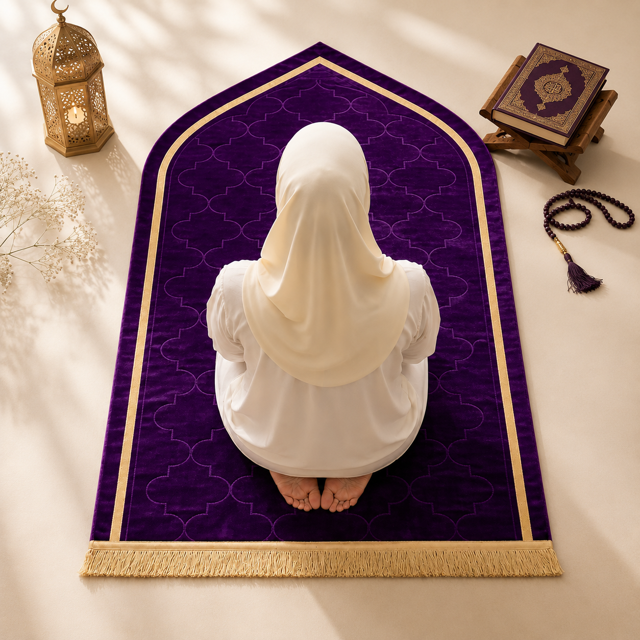 A person wearing a white hijab and white outfit sits cross-legged on a purple prayer rug with gold trim, photographed from above on a beige floor with decorative lantern, book, and tassel nearby.