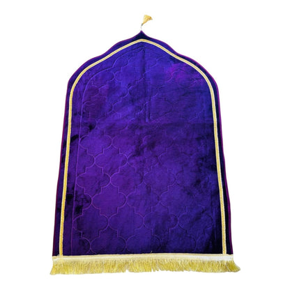 Purple velvet thick dome-shaped prayer mat with gold border, luxurious soft Islamic janamaz.