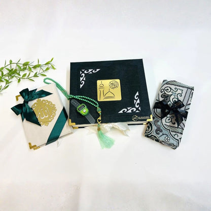 Bottle green velvet Quran gift set with Madina design box, prayer mat, tasbih, and counter.