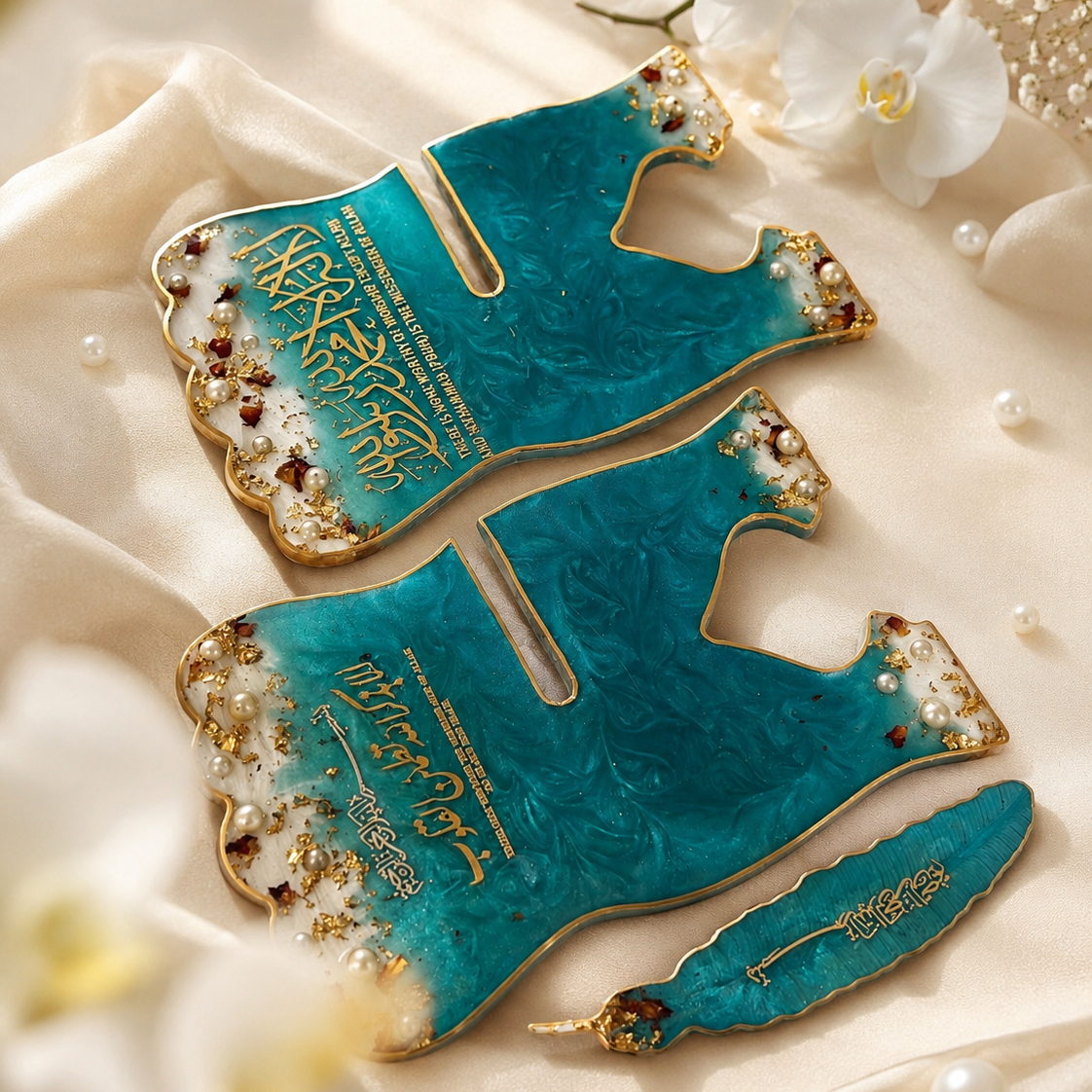 Handcrafted Torqoise Resin Quran Stand with Bookmark| Mother & Kid Set
