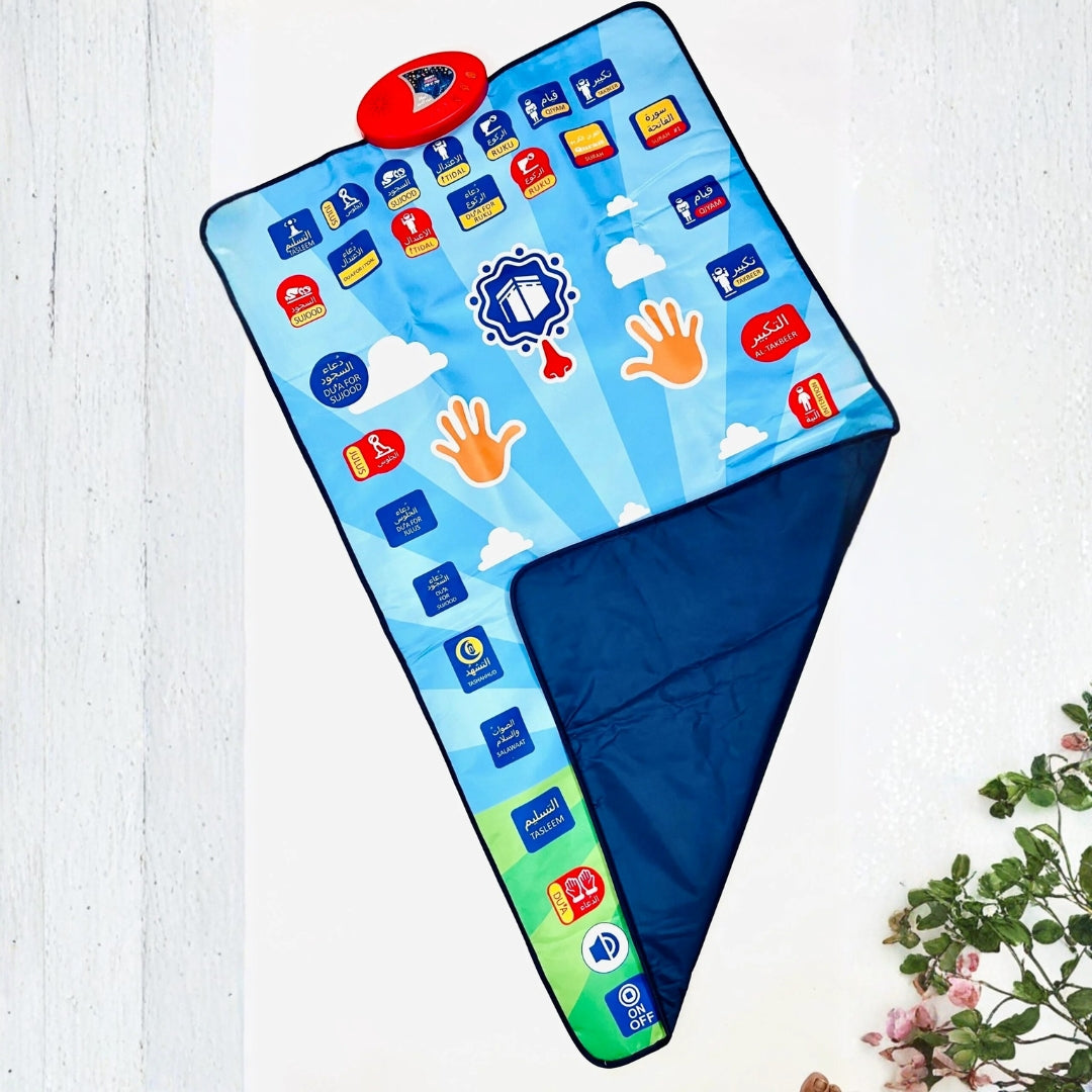 Foldable educational Salah mat with 7-language guidance for adults and beginners.
