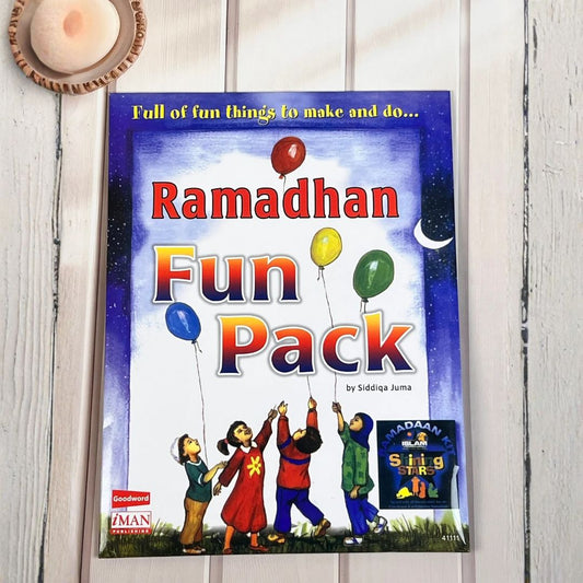 Ramadan Fun Pack for kids with activity book, crayons, and educational games.