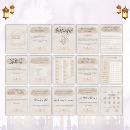 Digital and printable Ramadan planner for Muslims with dua, salah, and zakat tracking.