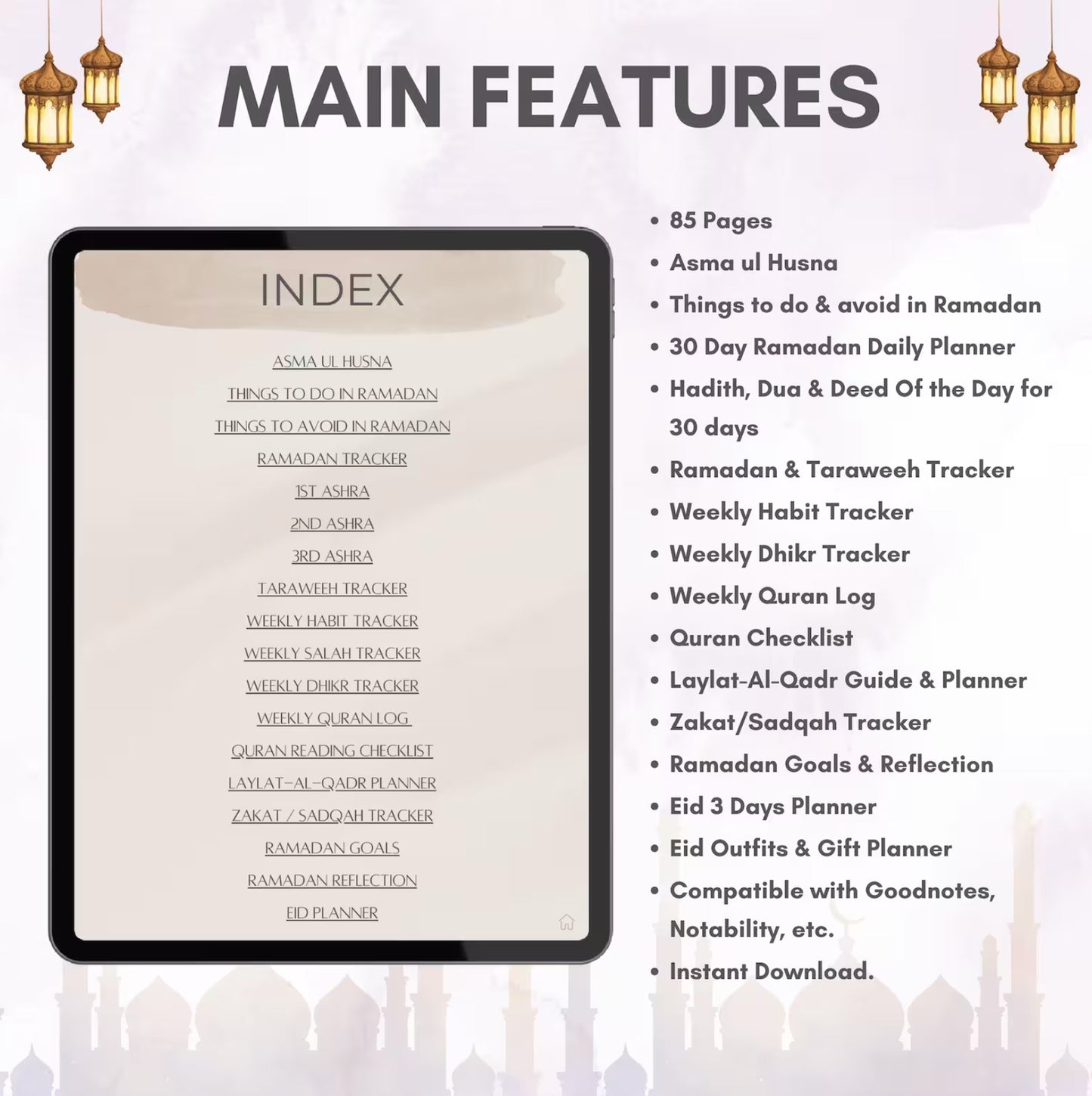 2026 Muslim Ramadan organizer with good deeds tracker and Laylat-ul-Qadr guide.