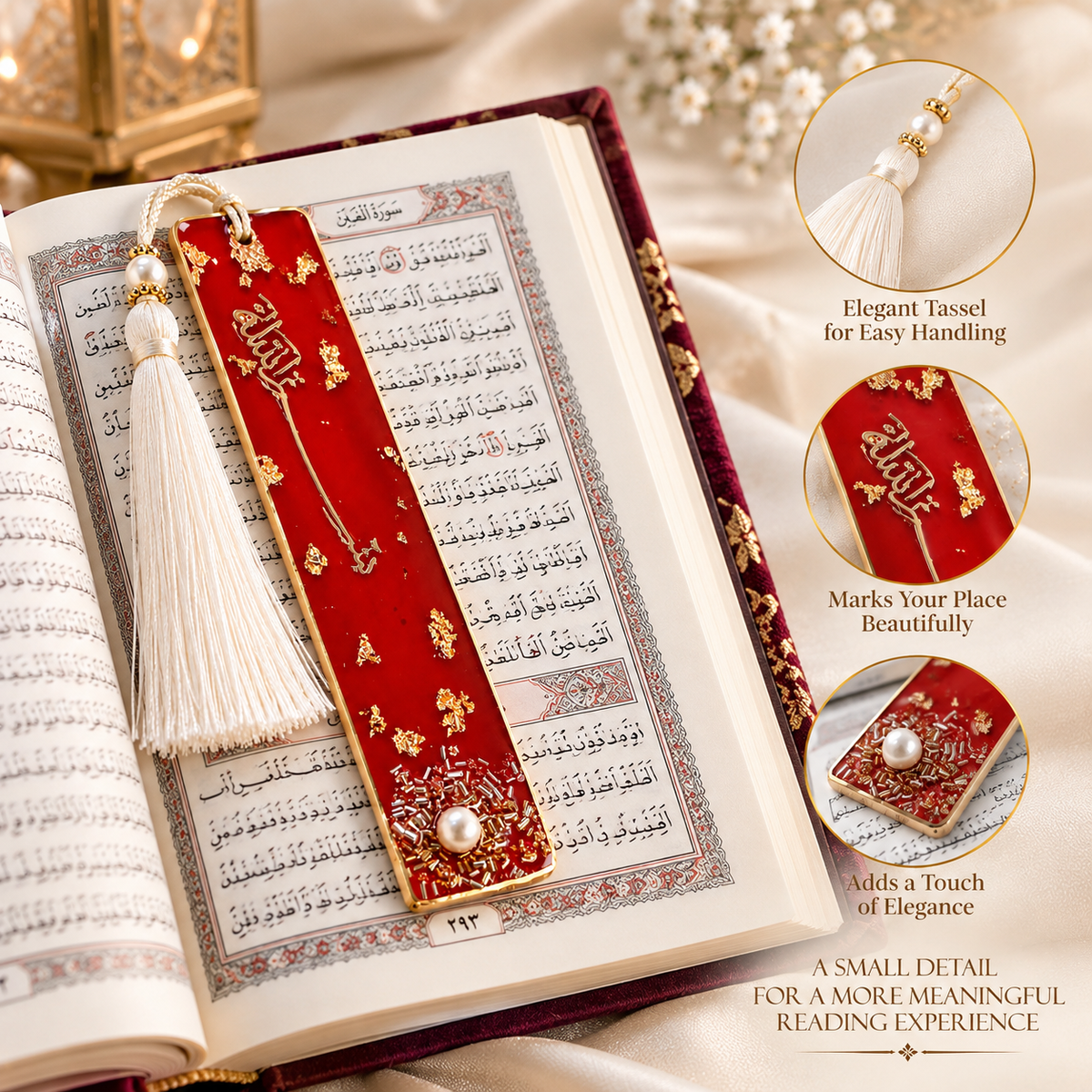A red velvet Quran bookmark with gold foil details, a white tassel, and a pearl accent, resting on an open book with Arabic script.