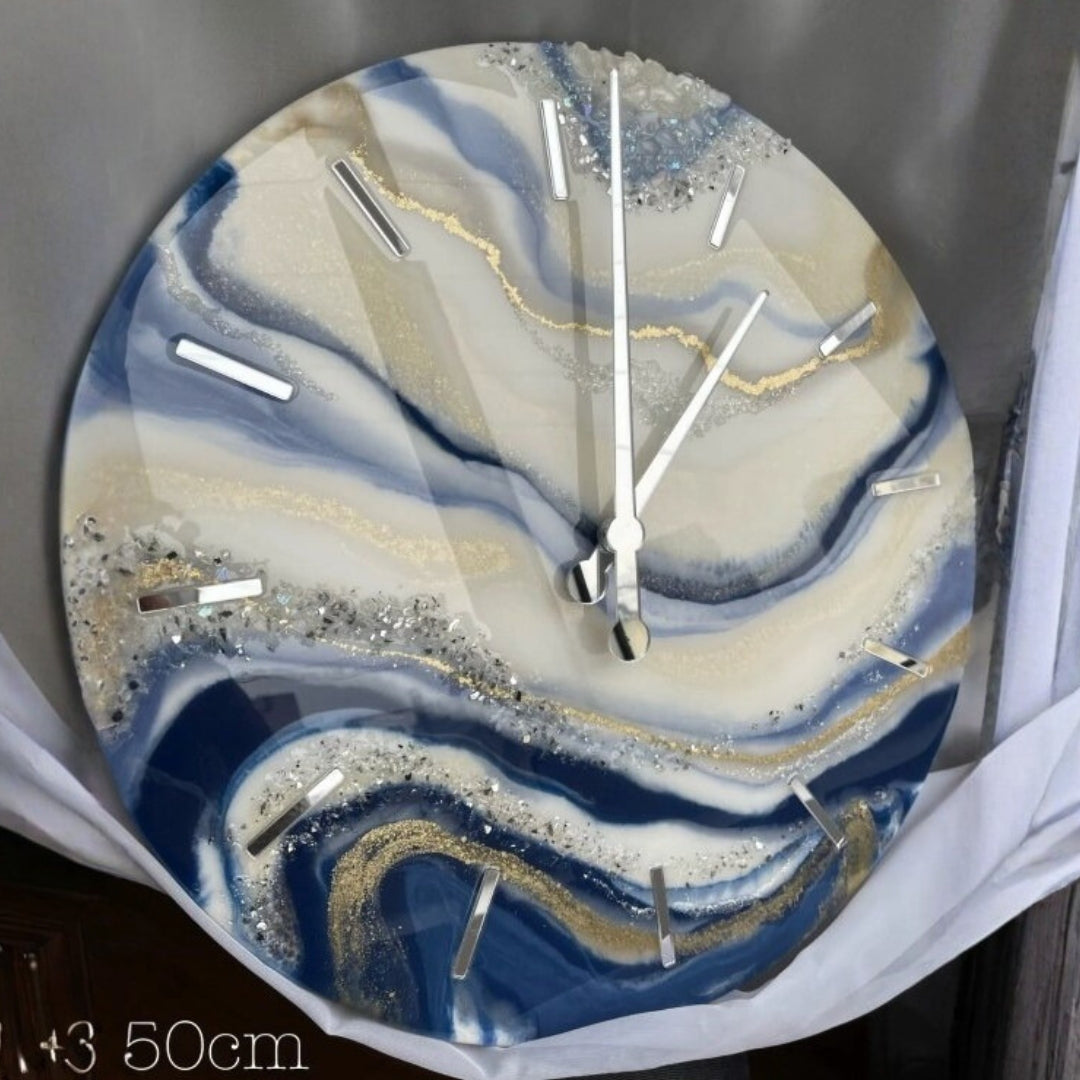 Handmade decorative wall clock with mirror acrylic numbers and natural stones.