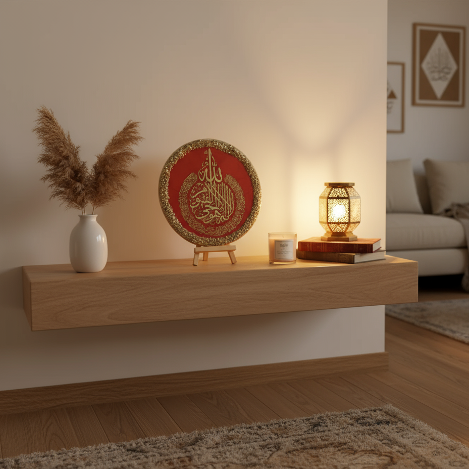 Handmade resin Ayatul Kursi frame with gold detailing and red stones on decorative stand