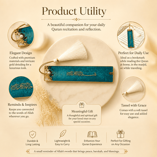 A promotional product graphic for a gold Quran tassel with Arabic calligraphy. The tassel is shown attached to a white Quran on a beige plate, with additional views of the tassel and text callouts describing its elegant design, daily use, and gift value on a warm beige background.