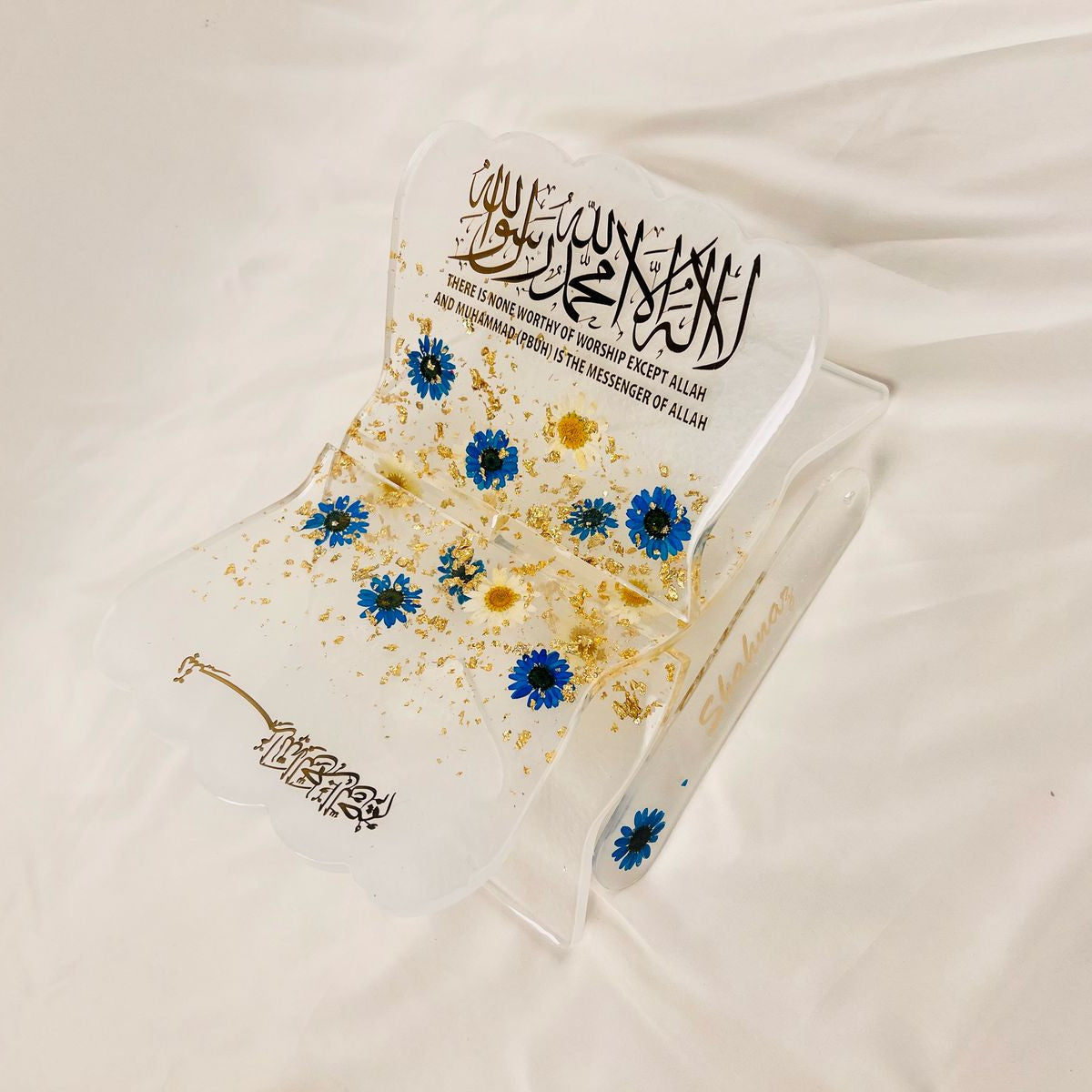 Premium Resin Art Quran Stand (Rehal)|Dried Flowers & Gold Flakes - Islamic Gift | Quran Holder with Pressed Flowers