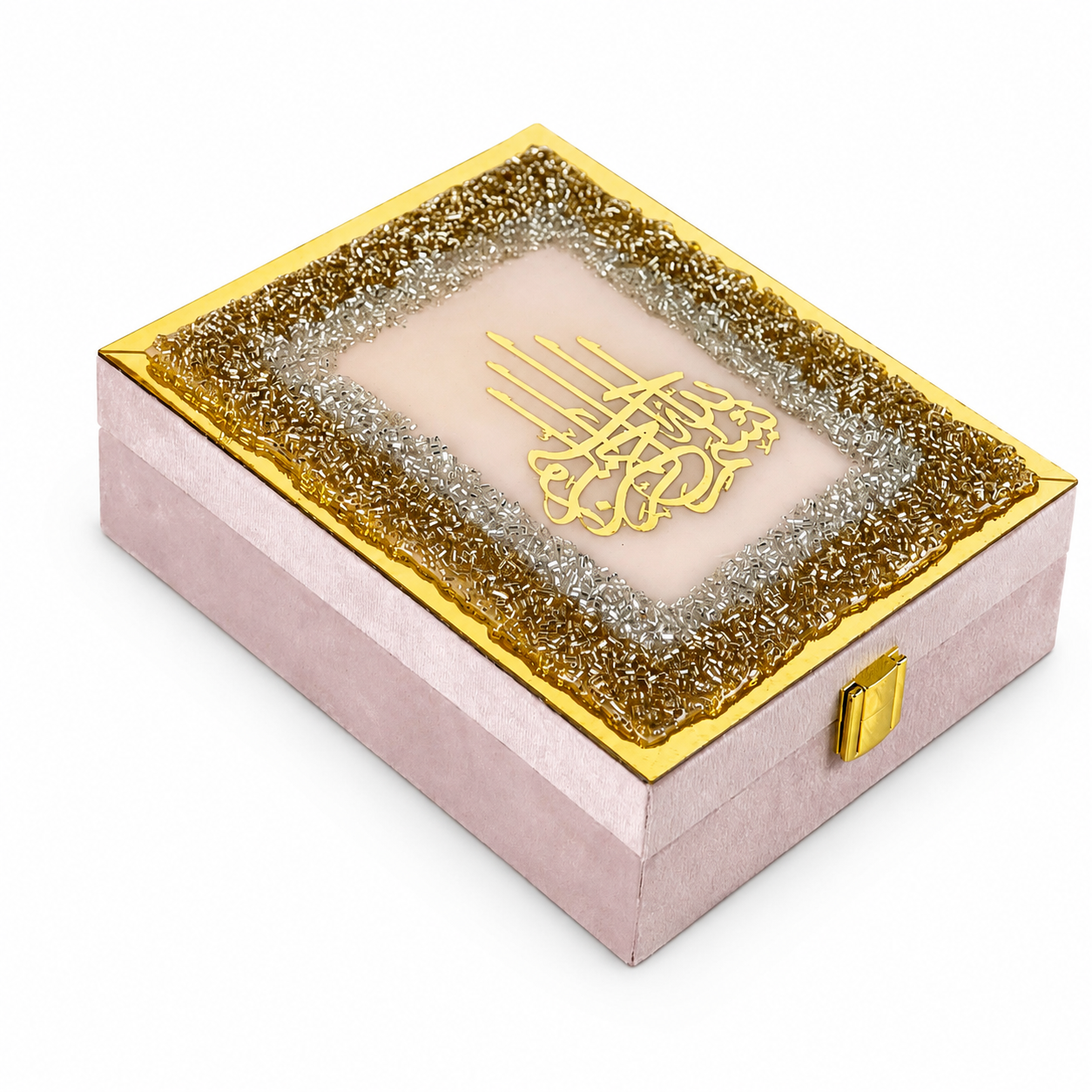An open dusty pink keepsake box set displayed on a white background with promotional text on the left.