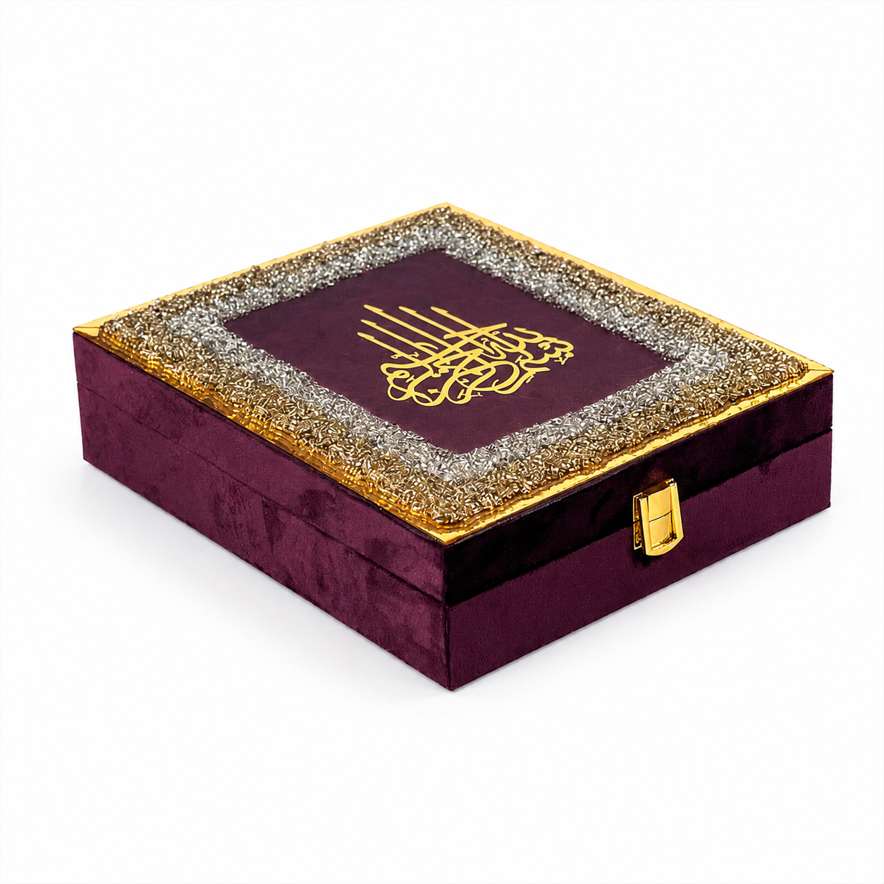 A square velvet jewelry box in deep maroon with a glittery silver border and gold trim on the lid, featuring a gold Arabic calligraphy emblem in the center and a small gold clasp on the front, shown on a white background.