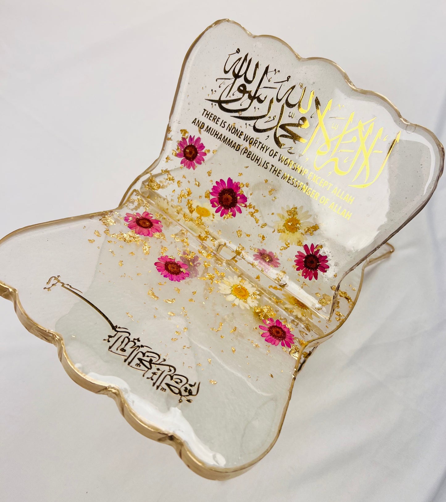 Premium Resin Art Quran Stand (Rehal)|Dried Flowers & Gold Flakes - Islamic Gift | Quran Holder with Pressed Flowers