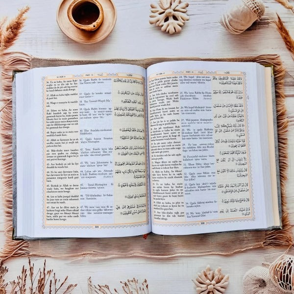 Aesthetic grey Holy Quran with transliteration in Roman Urdu and English explanation.