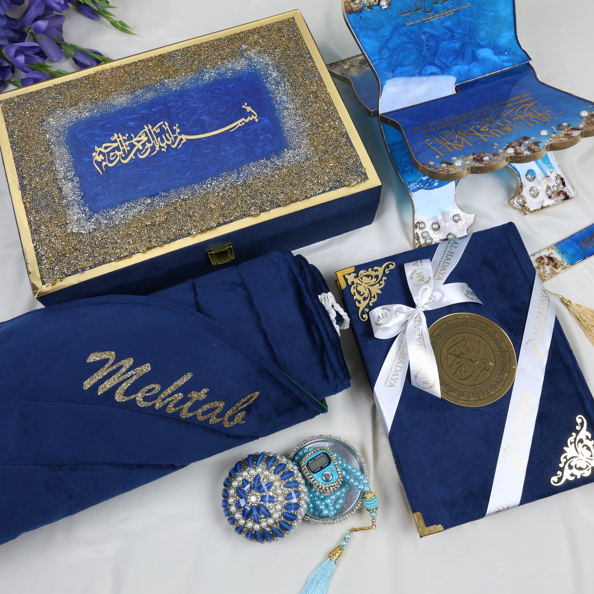Luxury Royal Blue Quran Hamper with velvet Quran, resin rehal, tasbih, and prayer mat – Al Hadaya
