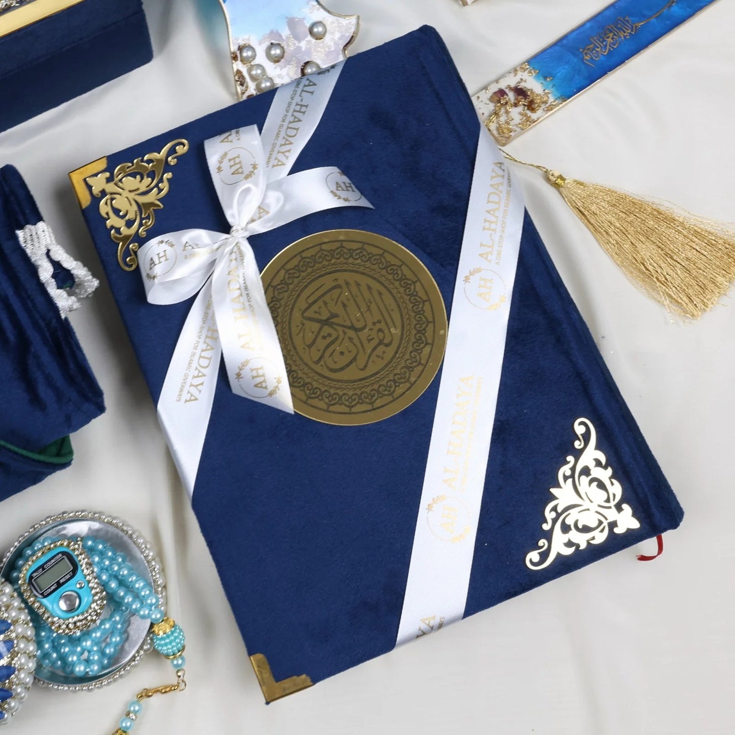 Blue Quran gift set with velvet Quran, resin rehal, Turkish tasbih and luxury prayer essentials