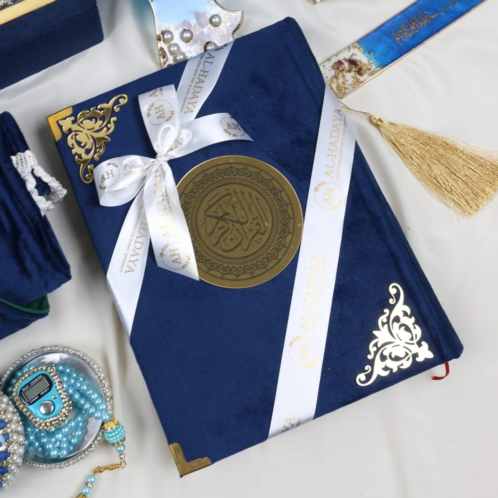 Blue Quran gift set with velvet Quran, resin rehal, Turkish tasbih and luxury prayer essentials