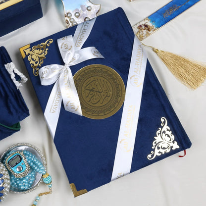 Blue Quran gift set with velvet Quran, resin rehal, Turkish tasbih and luxury prayer essentials