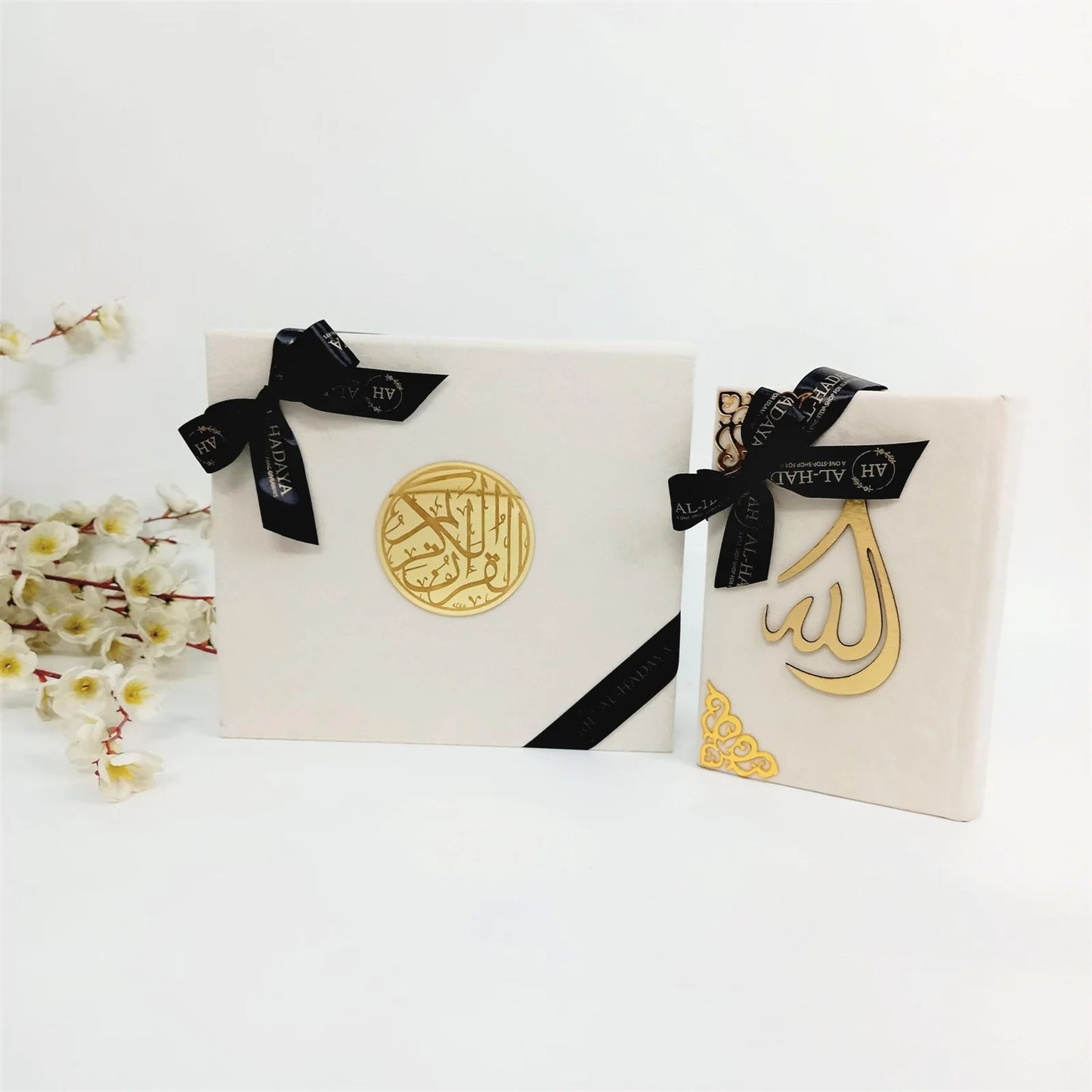 Luxurious Islamic Sunnah gift set featuring velvet Quran and golden Bismillah bookmark.